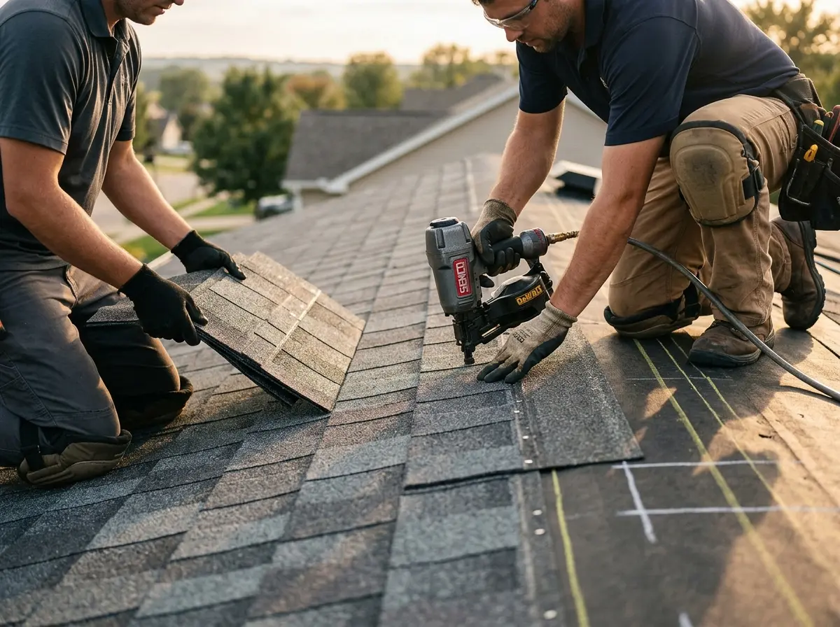 Professional roofer working on a residential roof in Woodbury